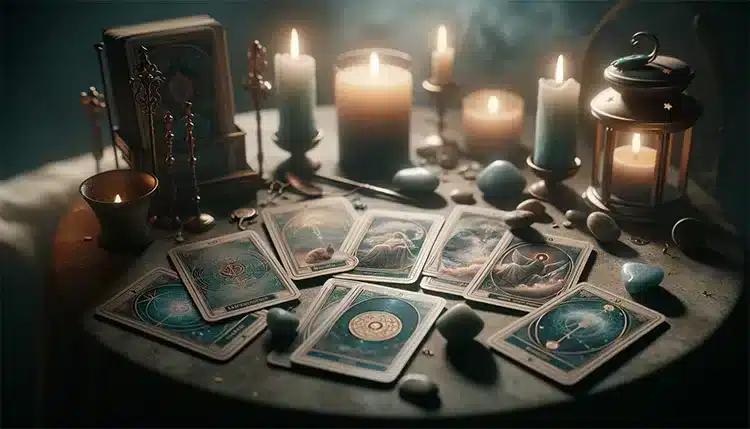 Tarot cards, minerals and candles