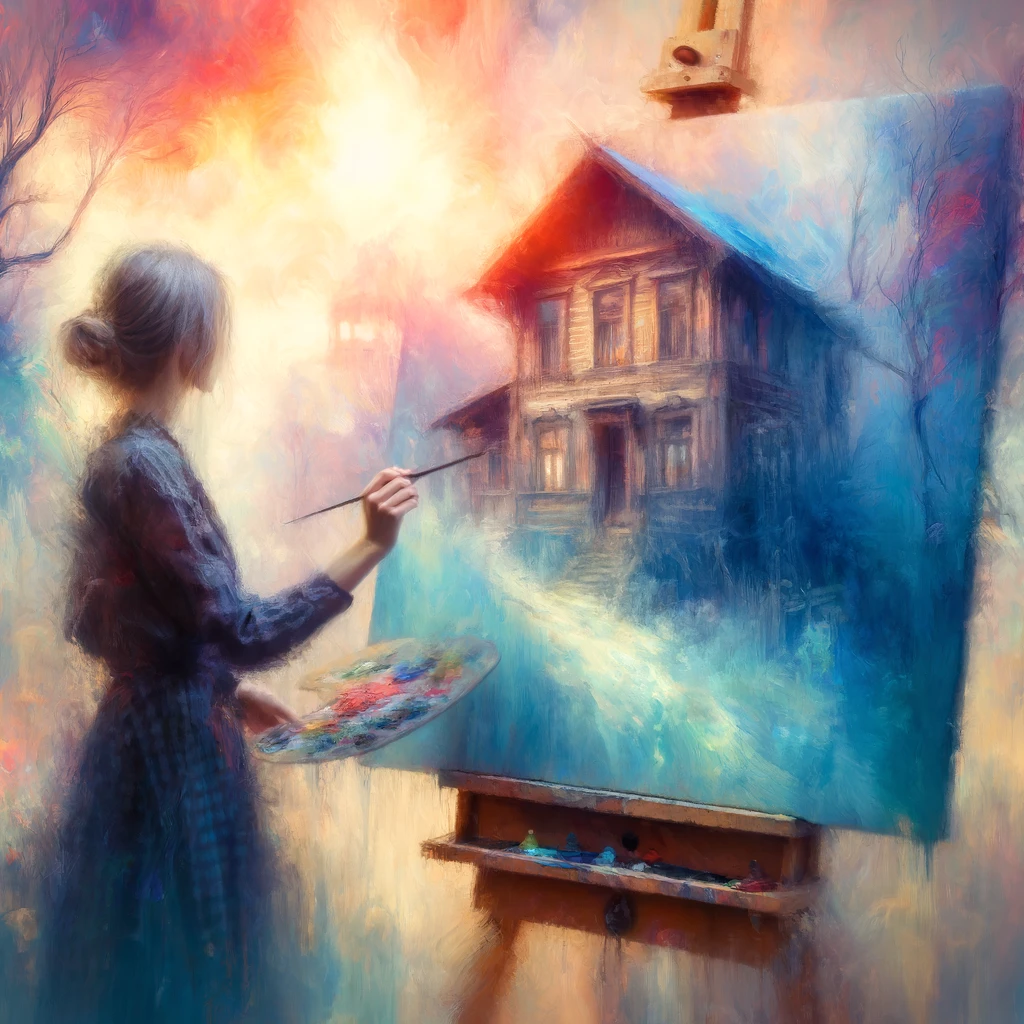 A woman in front of an easel painting a picture.