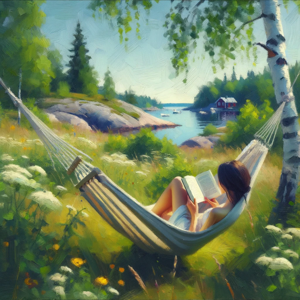 A woman is lying in a hammock in green nature, reading a book.
