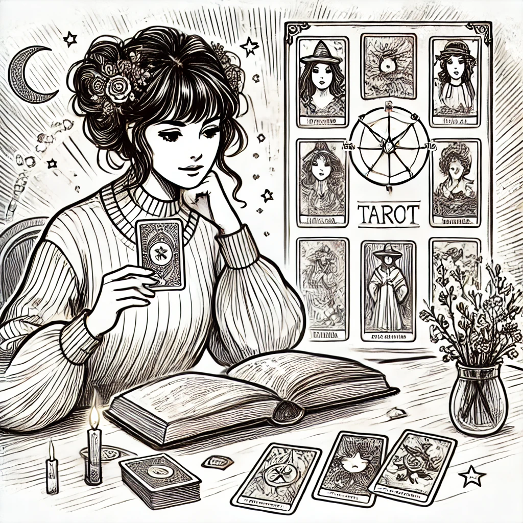 A sketch illustration of a woman interpreting tarot cards from a book. The woman is seated at a table with an open book in front of her, showing illustrations and explanations of tarot cards. She is holding a tarot card in one hand while looking at the book. The table has more tarot cards spread out. The background has a mystical feel with subtle symbols like stars, moons, and an aura of light.