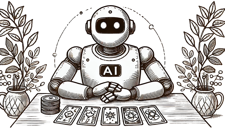 A friendly AI robot sitting at a table, performing a tarot reading. The robot has a welcoming and approachable appearance with round eyes and a smile. Tarot cards are laid out in front of the robot on the table, which it engages with thoughtfully.