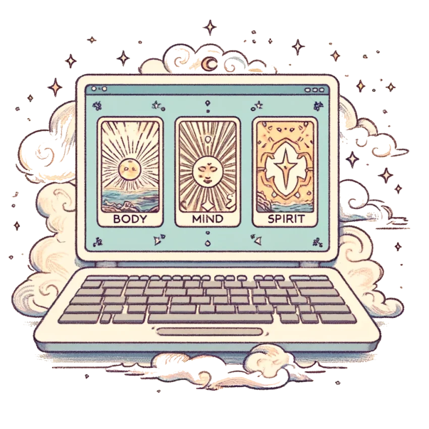 A cartoon-style illustration with a soft pastel color palette and black and white ink/pen shading. At the center, a computer screen displays three tarot cards in a "Body, Mind, Spirit" spread. The tarot cards are clearly visible on the screen, each card showing intricate designs that hint at their mystical nature. Surrounding the computer, the background features subtle mystical elements like faint swirls and stars, adding a magical atmosphere to the scene. The overall tone of the image is calm and inviting, reflecting the user-friendly and free nature of MyAITarot.com.