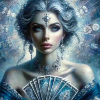 an elegant and mysterious woman with silver-gray hair, wearing a dress with shades of blue. She is holding a set of tarot cards in her hands and has an intense and focused gaze. The woman is surrounded by an aura of astrological symbols and light, giving her a celestial and magical appearance. Two white birds are flying around her, enhancing the mystical atmosphere. Her jewelry and attire are detailed, giving the impression that she is a wise and powerful seer.