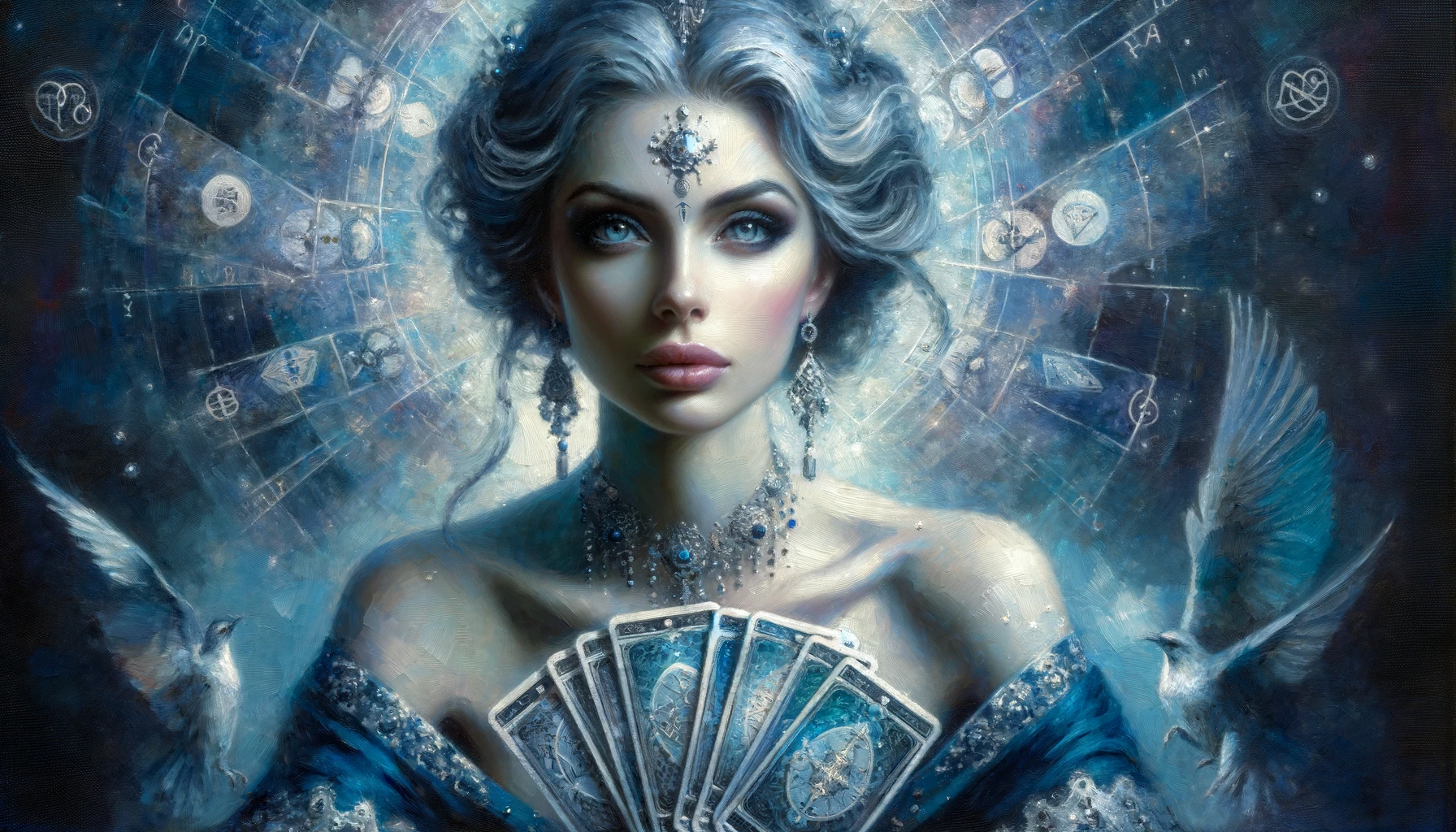 An elegant and mysterious woman with silver-gray hair, wearing a dress with shades of blue. She is holding a set of tarot cards in her hands and has an intense and focused gaze. The woman is surrounded by an aura of astrological symbols and light, giving her a celestial and magical appearance. Two white birds are flying around her, enhancing the mystical atmosphere. Her jewelry and attire are detailed, giving the impression that she is a wise and powerful seer.