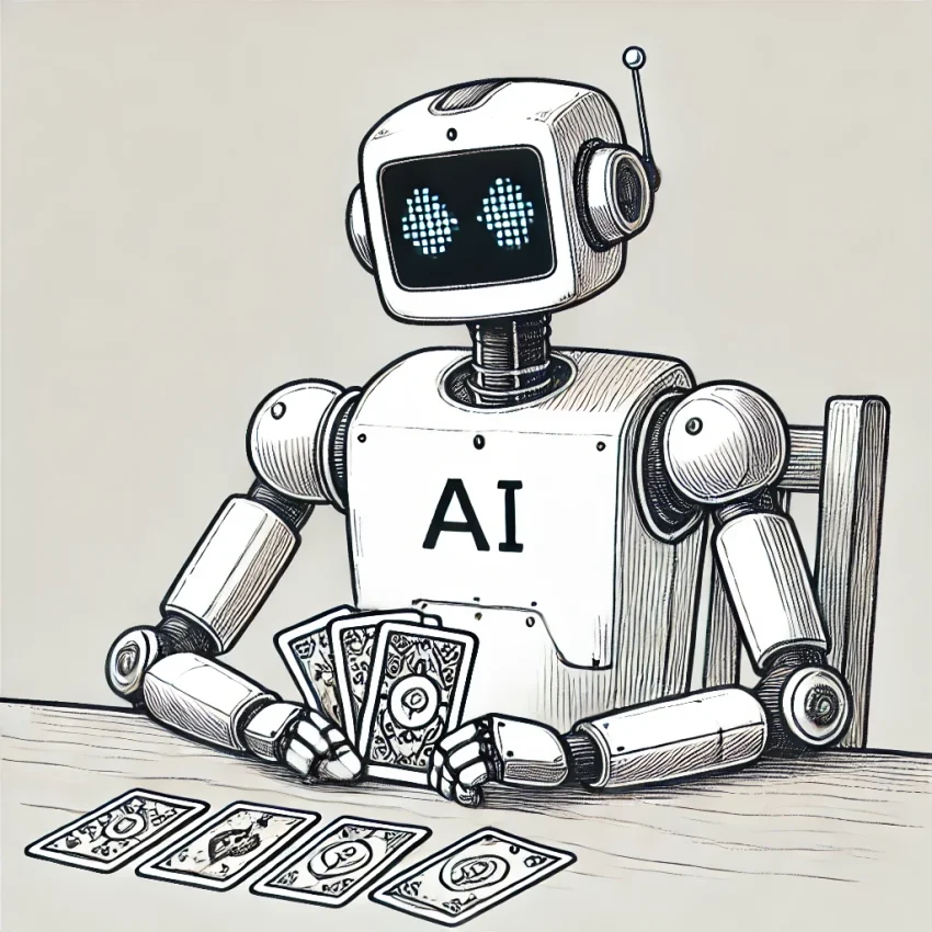 A hand-drawn sketch depicting a friendly-looking AI robot performing a tarot reading. The robot is seated at a table with tarot cards laid out in front of it. The robot has a welcoming and approachable appearance, with round eyes and a pleasant expression. The background is plain white, giving the image a clean and minimalist look. The overall style is sketchy, featuring clear, hand-drawn lines that give the drawing a light and playful feel.