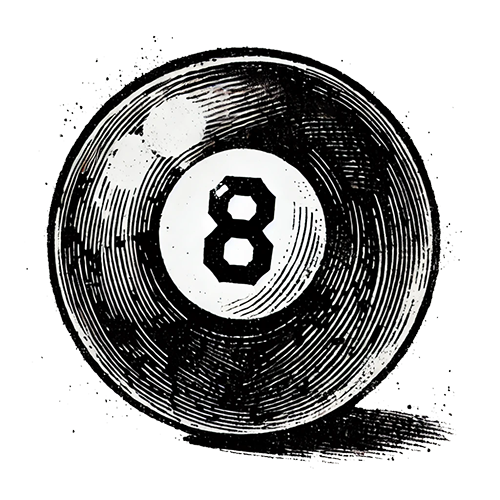 A black-and-white sketch of a Magic 8-Ball. The round 8-Ball prominently displays the number 8 in the center. The sketch is simple and clear, capturing the classic design of a Magic 8-Ball. It is a minimalist and clean representation, highlighting the distinctive features.