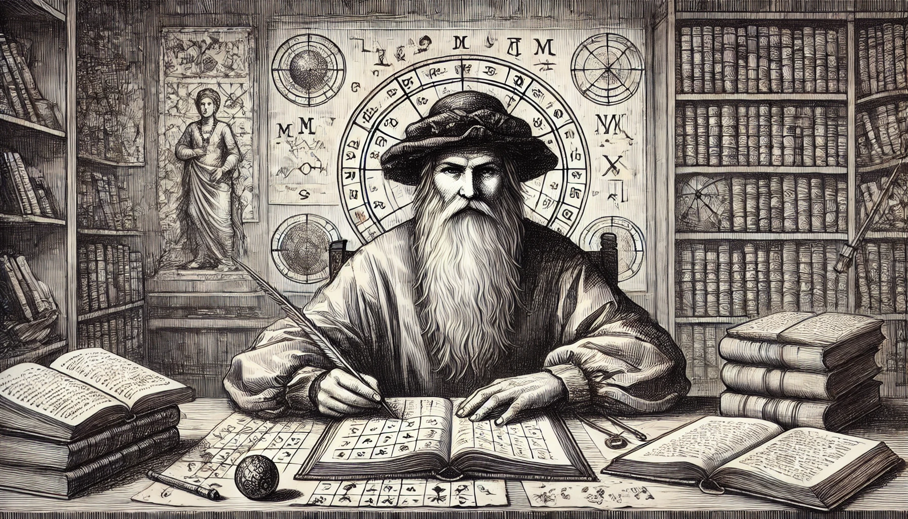 An old, wise-looking man with a long beard, dressed in traditional, ancient attire, sitting at a desk in a library filled with books. He is surrounded by astrological symbols and charts, suggesting he is an astrologer or seer. The man is writing with a quill pen in an open book, which is filled with mysterious symbols and diagrams. In the background, there are shelves packed with books and manuscripts, and a statue of a woman stands in a niche. The overall scene is detailed in a monochromatic, etched style, giving it a historic and scholarly atmosphere.