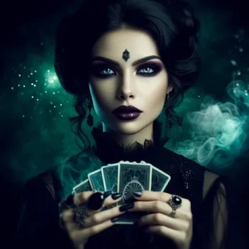 A dark and mysterious woman depicted as a wicked witch. She has dark hair, made-up eyes, and dark lips. The woman is holding several cards in her hands and has a veiled, intense gaze. The background is green and smoky, giving the image a magical and eerie feel. She is wearing jewelry and a black outfit, which enhances her mystical and malevolent appearance.