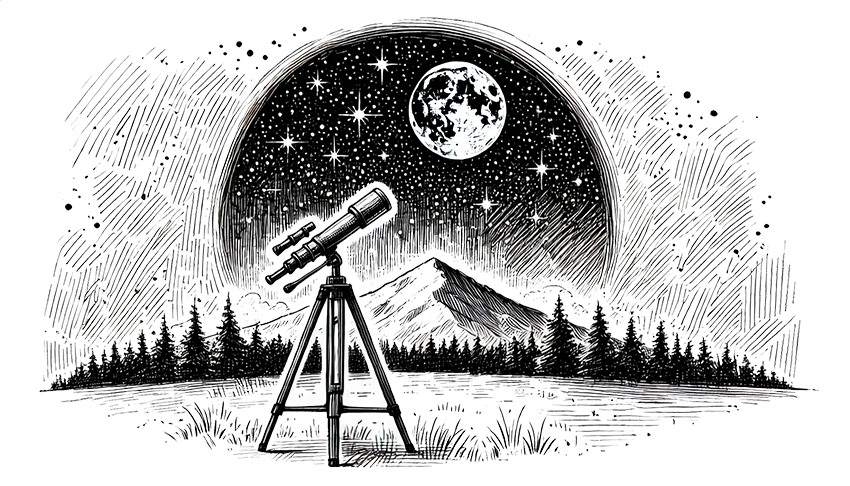 A simple sketch of a starry sky on a white background. In the foreground, there is a telescope on a tripod pointing towards the sky. The stars are depicted as small dots scattered across the sky, giving it a minimalist and clean appearance.