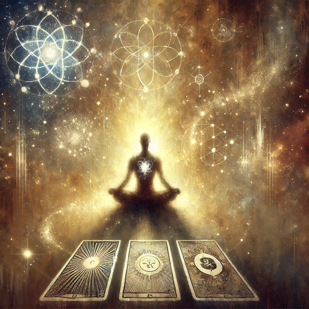 A glowing figure meditates in the lotus position, emanating bright light from the heart and chest areas. Surrounding the figure are ethereal geometric patterns and symbols, resembling atomic structures and stars. Three tarot cards are displayed in front of the meditating figure, symbolizing introspection and spiritual guidance, with cosmic patterns swirling in the background.